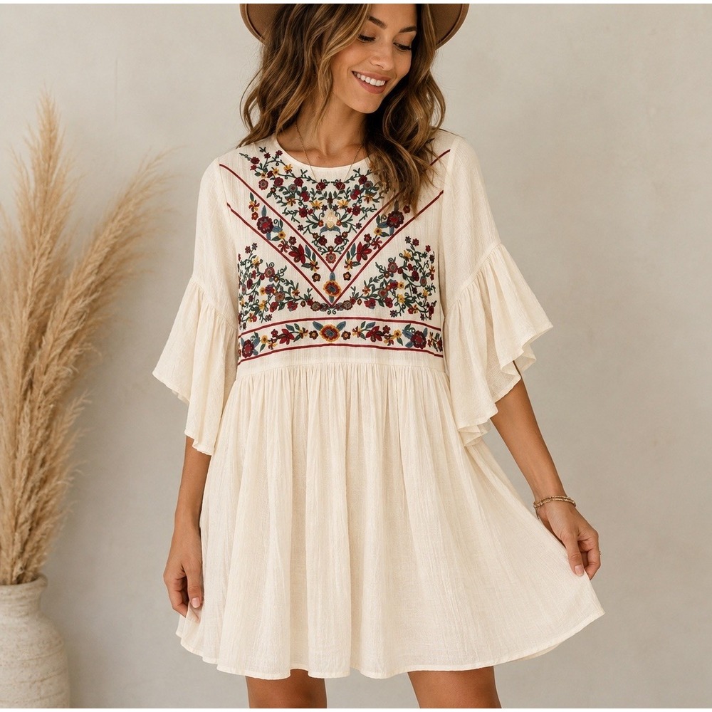 UMGEE‎ Floral Embroidered Babydoll Dress Women Sz M Gauzy Cream Bell Sleeve Flaw